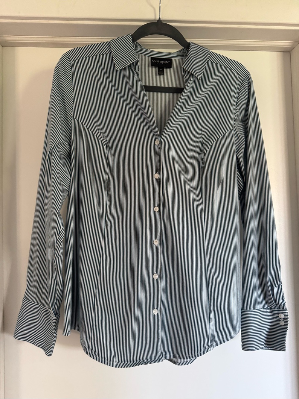 Lane Bryant Blue and White Pinstripe Button-Up Shirt Size 16
